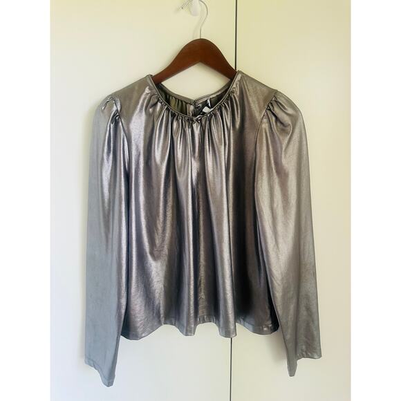 DEREK LAM 10 CROSBY Kary Metallic Crepe Blouse In Silver Size 48/Large Glam Punk - Picture 2 of 9